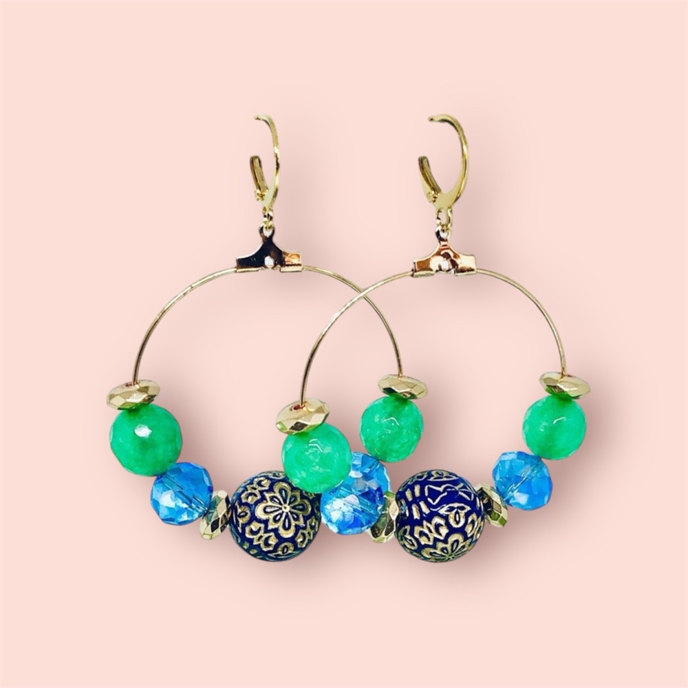 BOUTIQUE Gold/Green Crescent Earrings with Faceted Beaded Large Hoops, Vintage